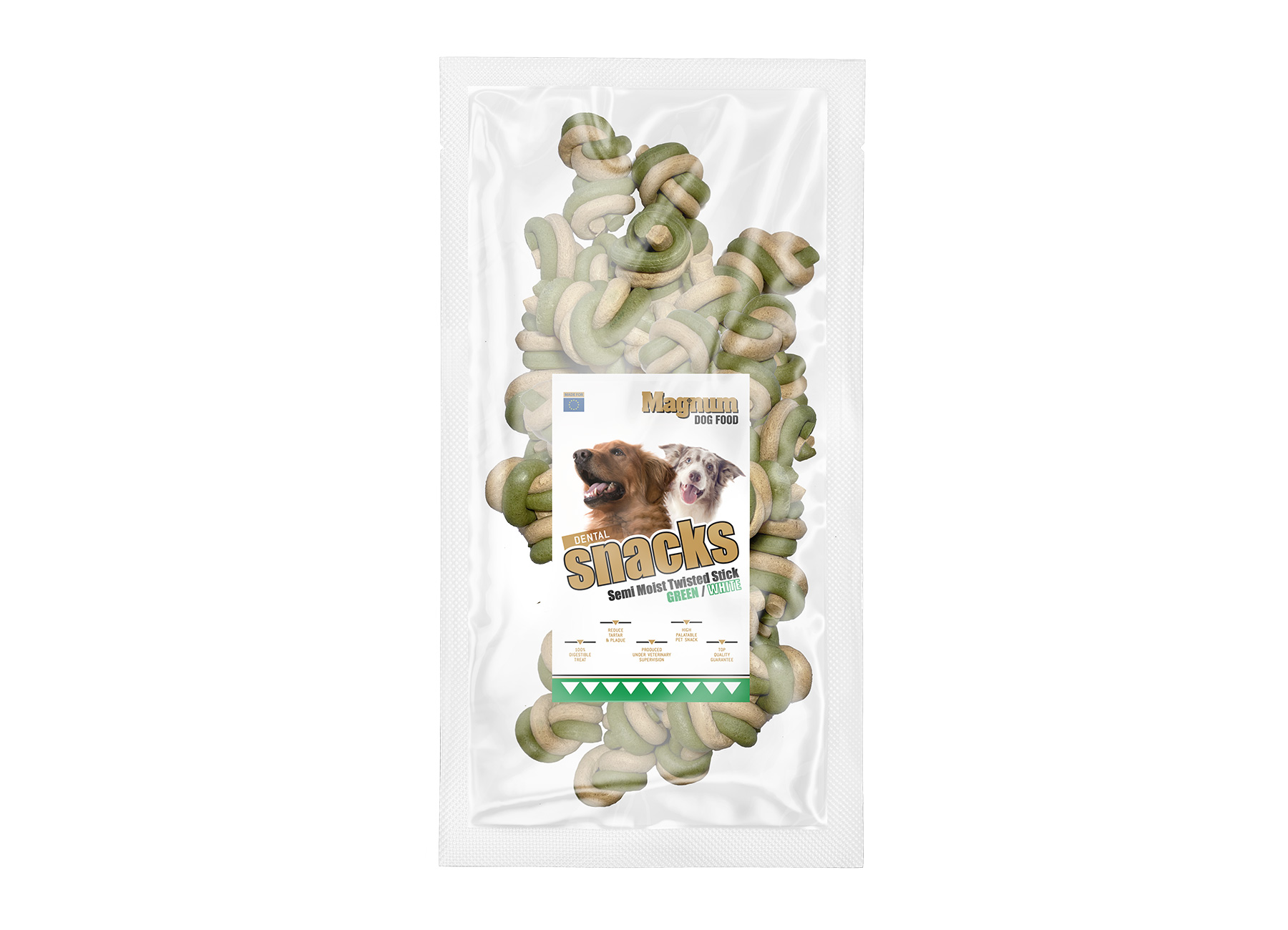 Pamlsek Magnum Dog Food Semi Moist Knotted Stick Green/White