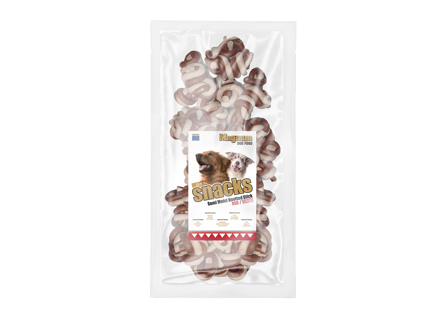 Pamlsek Magnum Dog Food Semi Moist Knotted Stick Red/White